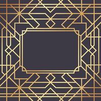 Golden frame with rounded corners framing a dark gray rectangle over a geometric background with golden lines forming a seamless pattern, creating an elegant and luxurious art deco design vector