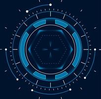 Futuristic glowing blue hexagonal shape at center, surrounded by circular elements, indicators, and geometric patterns, creating a technological and modern design against a dark background vector