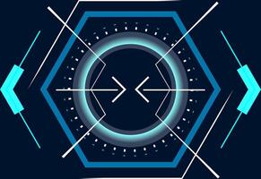 Futuristic glowing blue hexagonal user interface with arrows pointing to the center is ideal for backgrounds, websites, or presentations related to technology, innovation, or virtual reality vector