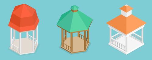 3D Isometric Flat Set of Gazebos or Pavilions, Park Area Elements vector