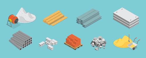 3D Isometric Flat Set of Building Materials, Pile of Sand, Stones, Bricks, Concrete Mixer vector