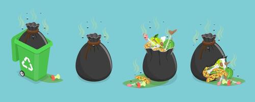 3D Isometric Flat Set of Smelly Trash, Garbage Bags with Rotten Leftovers vector