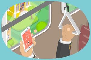 3D Isometric Flat Conceptual Illustration of Using a Smartphone in a Public Transport, Inside an Urban Vehicle vector