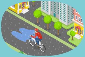 3D Isometric Flat Conceptual Illustration of Cycling In Wet Conditions, Taking an Extra Cautious vector