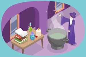 3D Isometric Flat Conceptual Illustration of Wizard Magical Laboratory, Alchemist in a Castle Brewing a Magic Potion vector