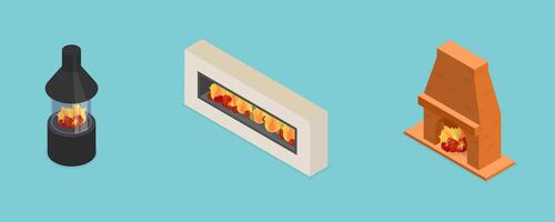 3D Isometric Flat Set of Fireplaces, Firewood Heat Systems vector