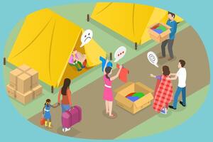 3D Isometric Flat Conceptual Illustration of Refugee Camp , Volunteering and Social Services vector
