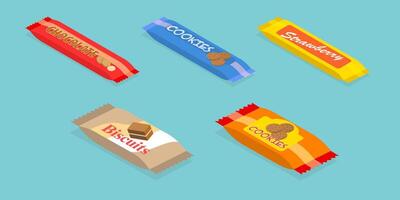 3D Isometric Flat Set of Snack Packages, Chocolate and Biscuit vector
