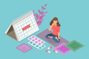 3D Isometric Flat Conceptual Illustration of Female Contraception, Birth Control Methods vector