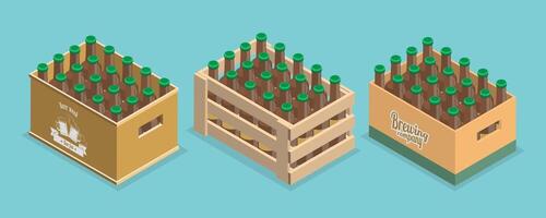 3D Isometric Flat Set of Crates with Beer Bottles, Delivery and Transportation Package vector