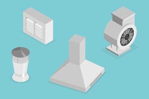 3D Isometric Flat Set of Air Duct System Items, Ventilation, Cooling and Cleaning vector