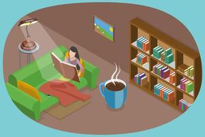 3D Isometric Flat Conceptual Illustration of Bedtime Reading, Relaxation with a Book vector