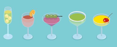 3D Isometric Flat Set of Cocktails, Drinks in Different Types of Glasses vector