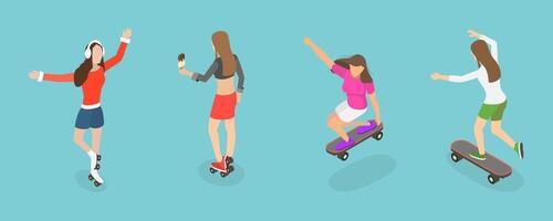 3D Isometric Flat Set of Roller Skating Girls, Summer Rest and Entertainment vector