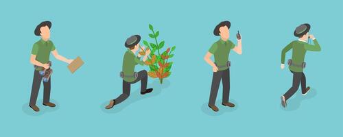 3D Isometric Flat Set of Rangers, Nature Reserve Guards vector