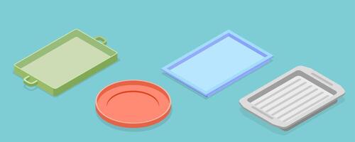 3D Isometric Flat Set of Empty Serving Trays, Using in Restaurants and Domestic Kitchen vector