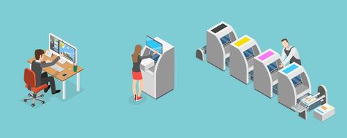 3D Isometric Flat Conceptual Illustration of Polygraphy Printing, Press Production vector