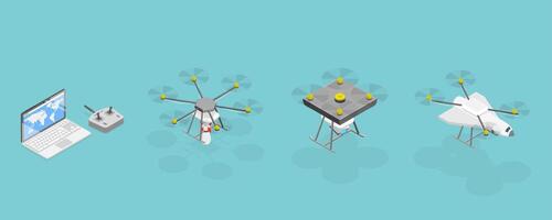 3D Isometric Flat Set of Military Drones, Unmanned Aircraft vector