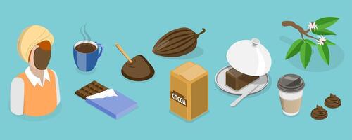 3D Isometric Flat Set of Cocoa Products, Dried Beans, Drink, Butter, Chocolate Bar vector