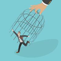 3D Isometric Flat Conceptual Illustration of Catching A Fugitive, Giant Hand Capturing a Running Businessman with Birdcage vector