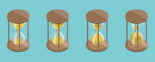 3D Isometric Flat Set of Hourglasses, Falling Sand Particles in Transparent Flasks vector