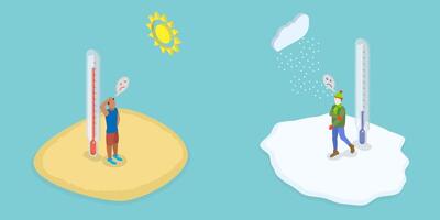 3D Isometric Flat Conceptual Illustration of Hot And Cold Weather, Winter and Summer Season Problem vector