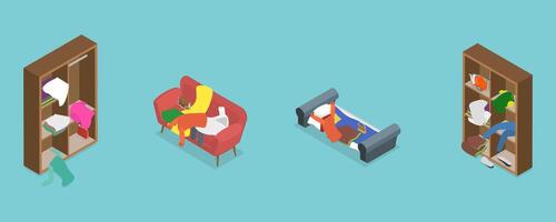 3D Isometric Flat Set of Scattered and Messy Clothes, Chaos, Disorder and Storage Disorganization vector