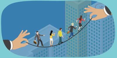 3D Isometric Flat Conceptual Illustration of Team Walking Tightrope, Challenges and Success vector