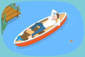 3D Isometric Flat Conceptual Illustration of Relaxing Lying On Boat, Active Lifestyle and Recreation vector