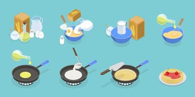 3D Isometric Flat Conceptual Illustration of Pancake Recipe, Step by Step Instructions vector