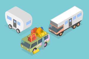 3D Isometric Flat Set of Caravan Trailers, Recreational Vehicle, Wagon Car vector