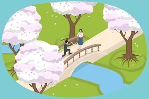 3D Isometric Flat Conceptual Illustration of Blooming Sakura Trees, Couple Walking on the Bridge vector