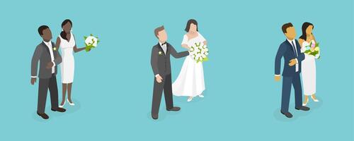 3D Isometric Flat Set of Newlyweds, Groom and Bride Characters Collection vector