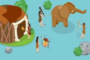 3D Isometric Flat Conceptual Illustration of Stone Age, Barbarian Ancient Caveman vector