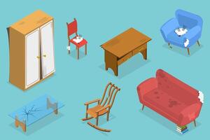 3D Isometric Flat Set of Broken Furniture, Defected Home Interior Objects vector