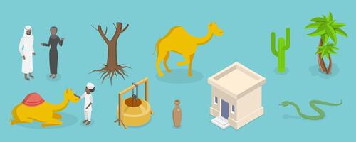 3D Isometric Flat Set of Desert Elements, Traditional Building, Palm Tree, Camel vector
