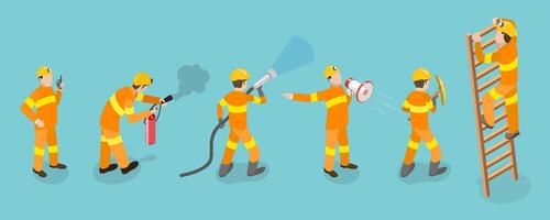 3D Isometric Flat Set of Firefighter Characters, Emergency Rescue vector