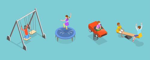 3D Isometric Flat Set of Kids Playground Elements, Summer Activities vector