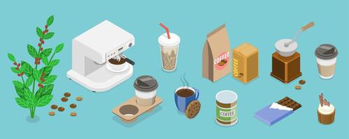 3D Isometric Flat Set of Coffee Elements, Accessories and Tools vector