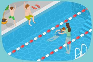 3D Isometric Flat Conceptual Illustration of Swimming Classes, Training in the Pool vector