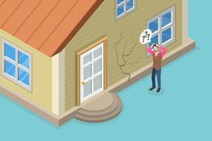 3D Isometric Flat Conceptual Illustration of Crack In The Wall, Old House in a Poor Condition vector