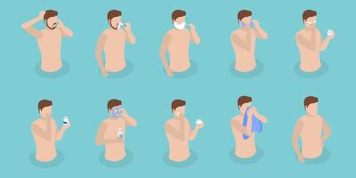 3D Isometric Flat Set of Shaving Procedure, Daily Personal Care vector