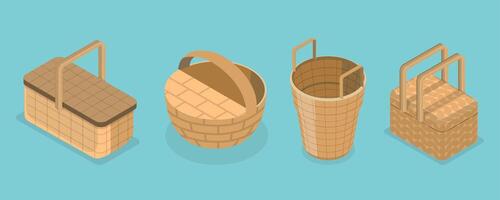 3D Isometric Flat Set of Baskets, Handmade Rattan Boxes vector