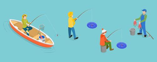 3D Isometric Flat Set of Fishermen, Hobbies and Leisure Activities vector