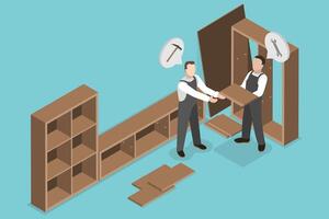 3D Isometric Flat Conceptual Illustration of Furniture Assembly, Crafting Process vector