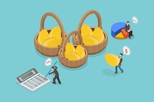 3D Isometric Flat Conceptual Illustration of Investment Diversification, Eggs in Different Baskets vector