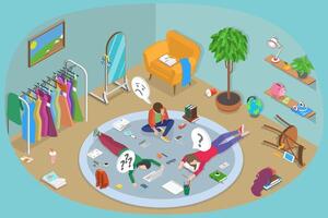 3D Isometric Flat Conceptual Illustration of Lazy Children, Procrastinating vector