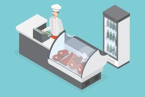 3D Isometric Flat Conceptual Illustration of Butcher Shop, Meat Store Counter vector