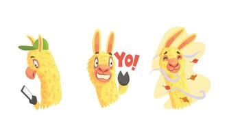Cute Lama Character Walking in Windy Day and Reading Message on Smartphone Set vector