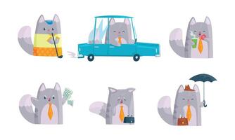 Cute Cat Character Doing Business at Work Set vector